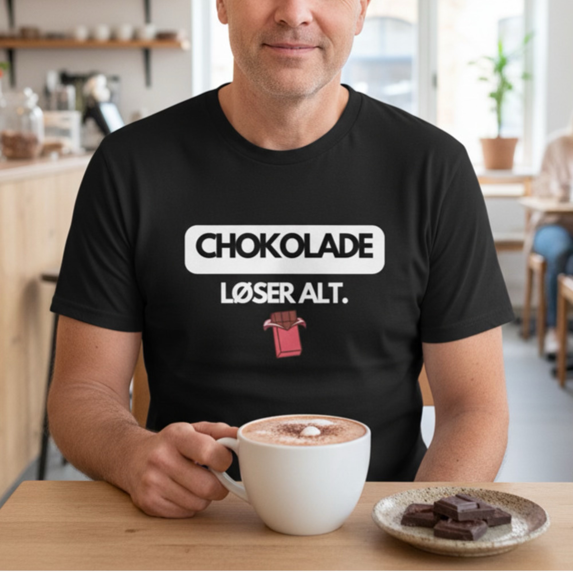Chokolade løser alt. – Classic unisex T-shirt med chokoladestykke - Billede 3