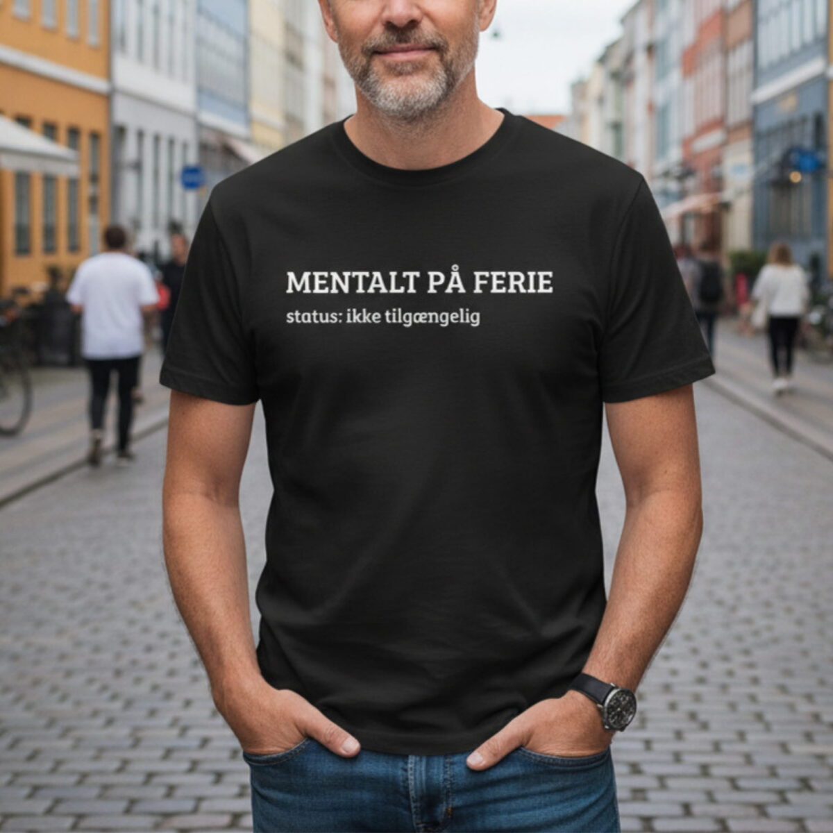 Alternative view of Mentalt på ferie – Status: Ikke tilgængelig – Sjov unisex T-shirt