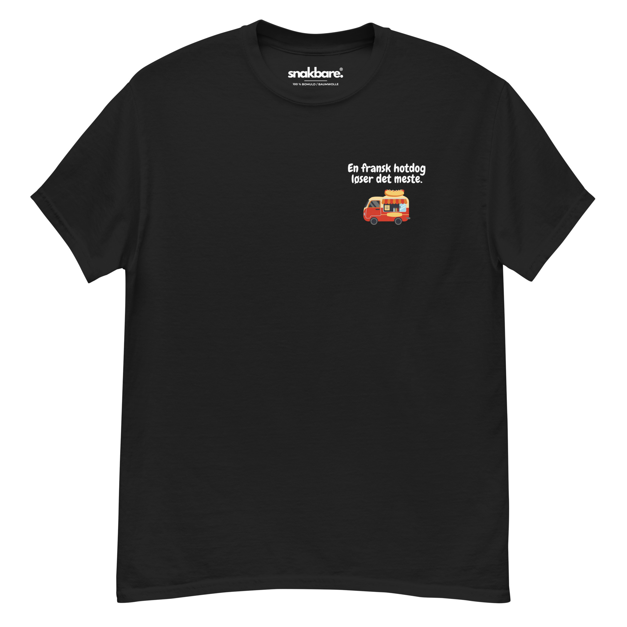 En fransk hotdog løser det meste – Sjov unisex T-shirt med brystprint