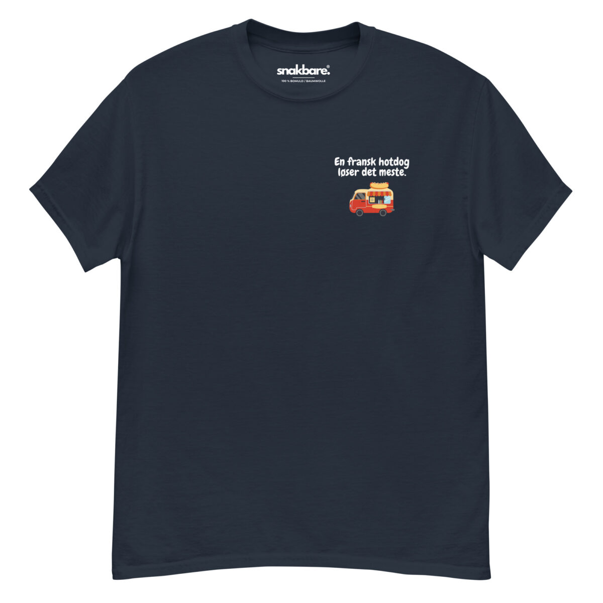 Alternative view of En fransk hotdog løser det meste – Sjov unisex T-shirt med brystprint